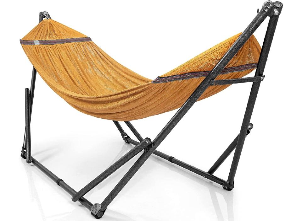 This framed hammock set is perfect for relaxing in backyards or on a fun camping trip. (Source: Amazon)