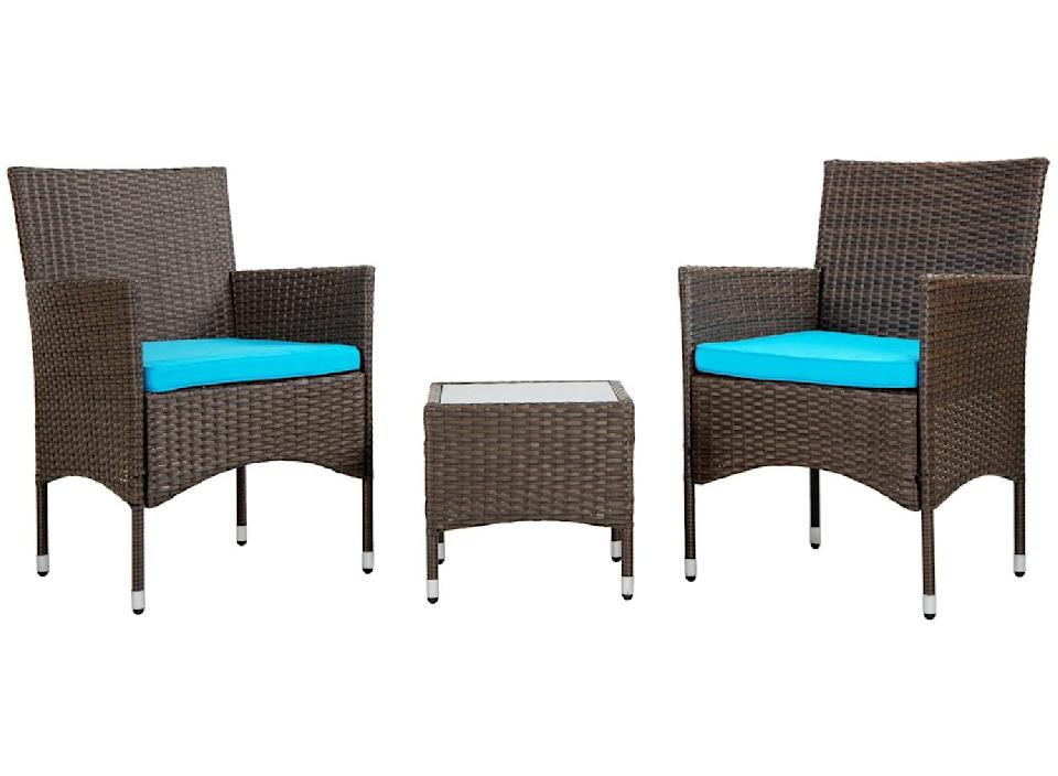 A set of lovely, dark wicker furniture that will suit any patio.